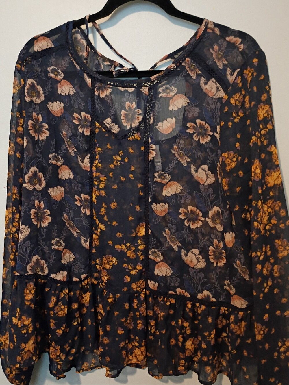 Xhilaration Navy Sheer Floral Peasant Blouse